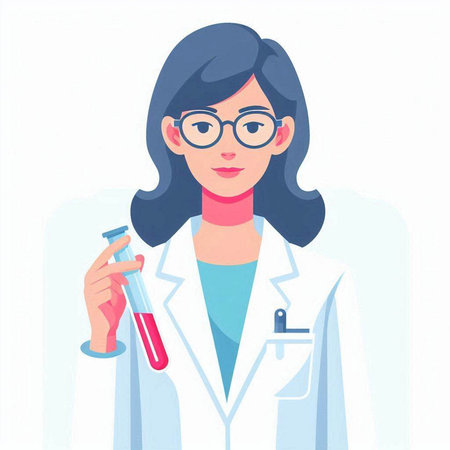 Female scientist holding test tube with blood sample. Vector illustration in cartoon styleのイラスト素材