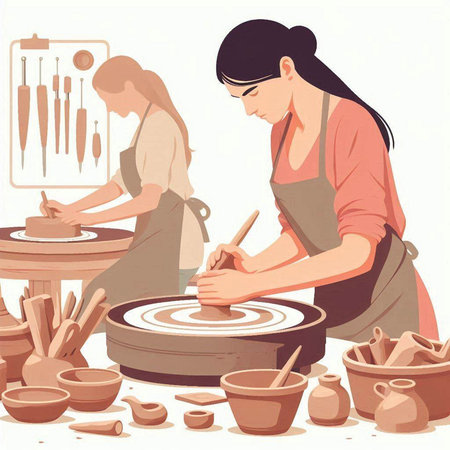 Pottery workshop. Woman working on pottery wheel. Vector illustrationのイラスト素材