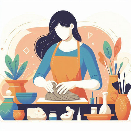 Vector illustration of a woman making clay pottery. Flat style.のイラスト素材