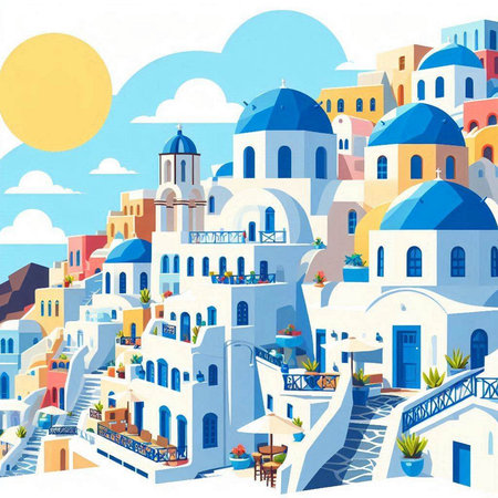 Santorini in Greece. Colorful vector illustration in cartoon styleのイラスト素材