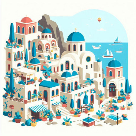 Santorini island, Greece. Vector illustration in cartoon styleのイラスト素材
