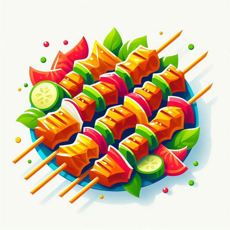 Shish kebab on skewers with vegetables. Vector illustration.のイラスト素材