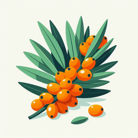 Sea buckthorn branch with ripe berries and leaves. Vector illustration.のイラスト素材