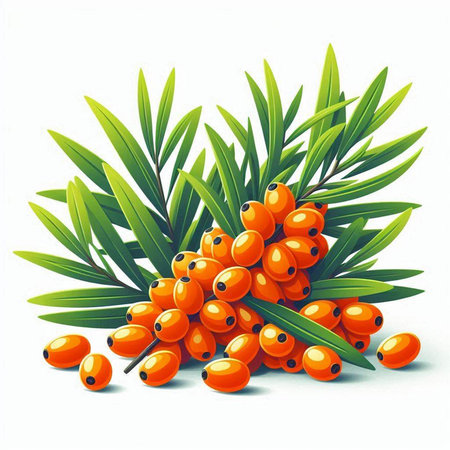Sea buckthorn berries with leaves isolated on white background. Vector illustration.のイラスト素材