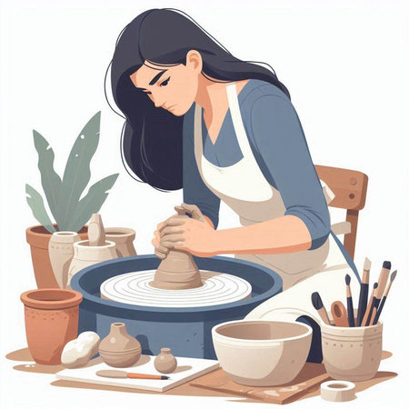 Woman potter working on pottery wheel. Vector illustration in cartoon styleのイラスト素材