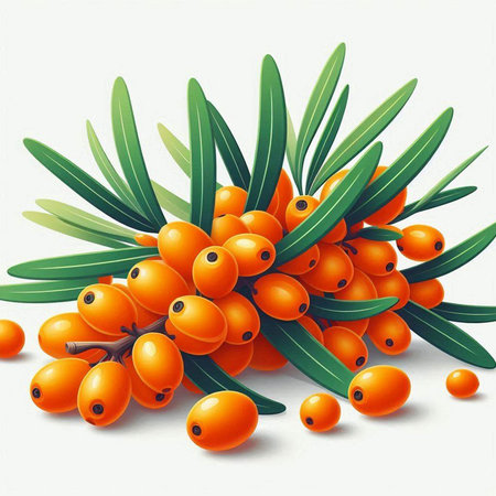 Sea buckthorn berries with leaves on white background. Vector illustration.のイラスト素材