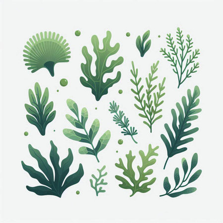 Set of green seaweed. Vector illustration in flat cartoon style.