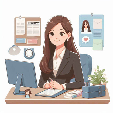 Business woman working in the office. Vector illustration in cartoon style.のイラスト素材
