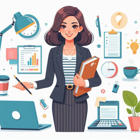 Business woman in office. Vector illustration in flat cartoon style. Business concept.のイラスト素材