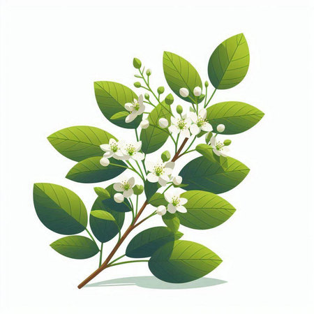 cherry blossom branch with green leaves isolated on white background, vector illustrationのイラスト素材