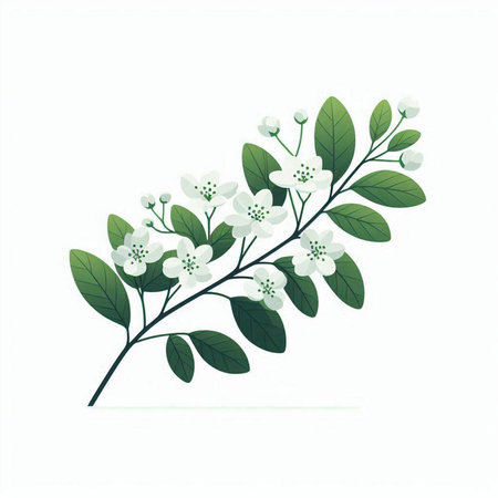 branch with flowers and leaves on a white background, vector illustration