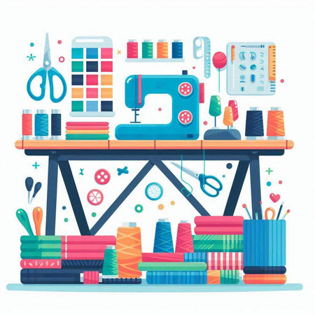 Sewing accessories. Sewing machine, scissors, thread, needles, pins, pins, tape measure, scissors, buttons. Vector illustration.のイラスト素材