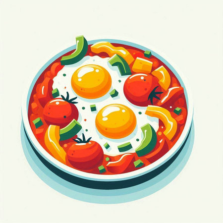 Fried eggs with tomatoes and cucumbers in a plate. Vector illustration.のイラスト素材