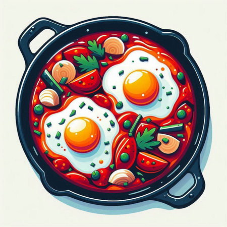 vector illustration of fried eggs in a frying pan with vegetables and greensのイラスト素材