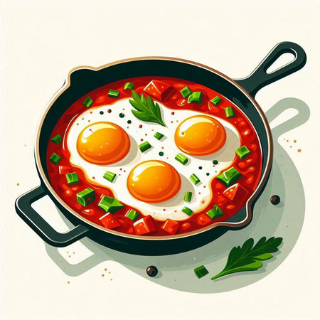 Fried eggs in a frying pan with parsley. Vector illustration.のイラスト素材