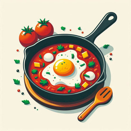 Fried egg in a frying pan with tomatoes and parsley. Vector illustration.のイラスト素材