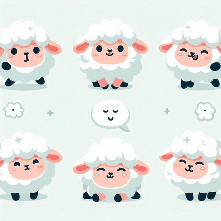 Set of cute sheep with different emotions and expressions. Vector illustration.のイラスト素材