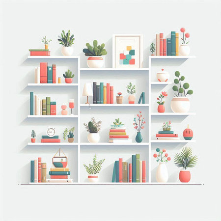 Bookshelf with books and plants in flat style. Vector illustration.