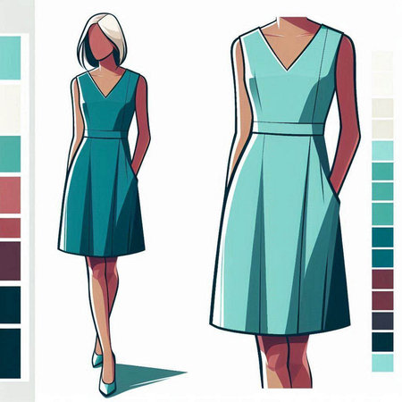 Fashion illustration of woman in dress. Color swatches included.のイラスト素材