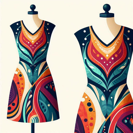Women's dress on a mannequin with colorful patterns. Vector illustration.のイラスト素材