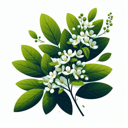 branch of jasmine flowers with green leaves isolated on white backgroundのイラスト素材