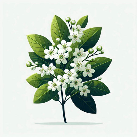 Cherry tree branch with white flowers and green leaves. Vector illustration.のイラスト素材