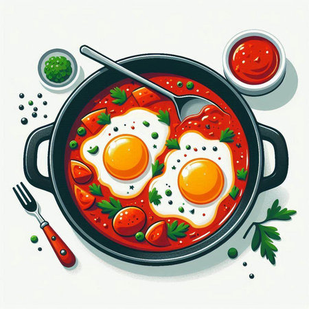 Shakshuka. Fried eggs in a frying pan on a white background. Vector illustration.のイラスト素材