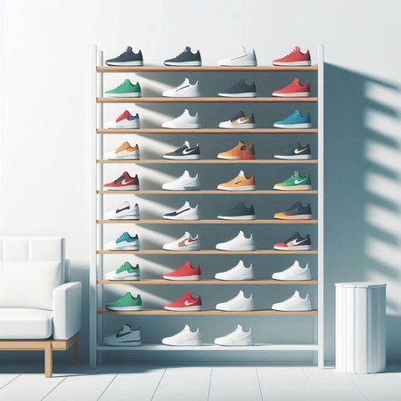 Shelves with different sneakers on a white wall. 3d renderingのイラスト素材