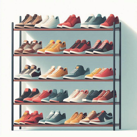 Shelves with sport shoes on white background. Vector illustration.