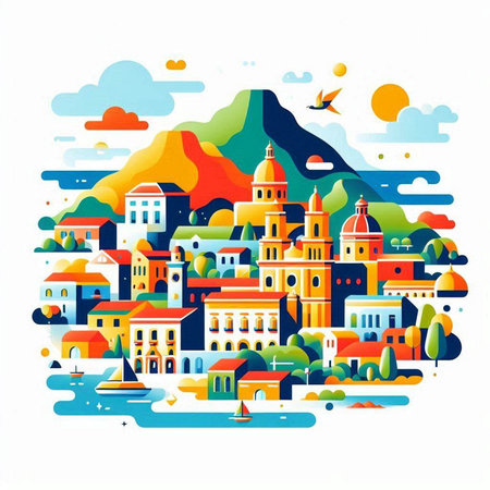 Colorful vector illustration of the city and mountains in a flat styleのイラスト素材