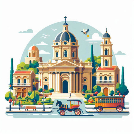Flat style vector illustration of Saint Francis of Assisi church in Rome, Italy.