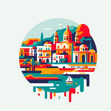 Cityscape of Valencia, Spain. Colorful flat vector illustration.のイラスト素材