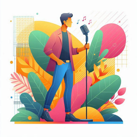 Caucasian man singing karaoke with microphone. Vector illustrationのイラスト素材