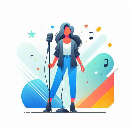 Vector illustration of a female singer with microphone. Flat style design.のイラスト素材