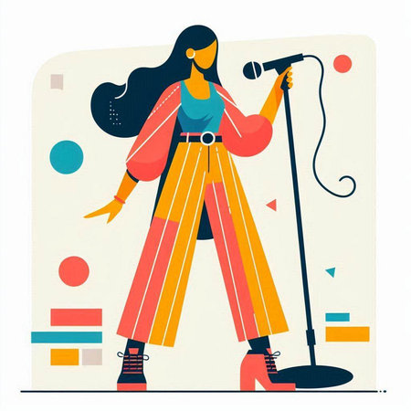Vector illustration of a girl singing into a microphone. Flat style.のイラスト素材