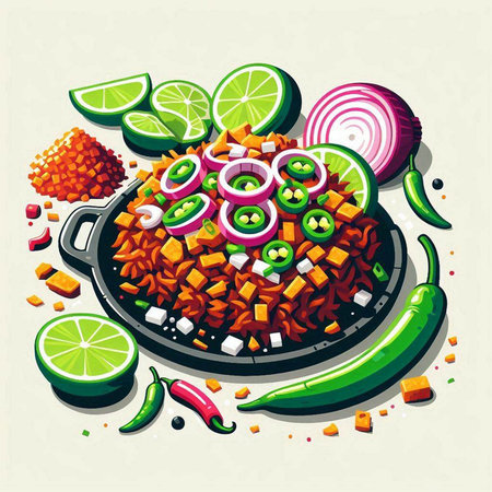 Vegetable salad in a frying pan. Hand drawn vector illustration.のイラスト素材