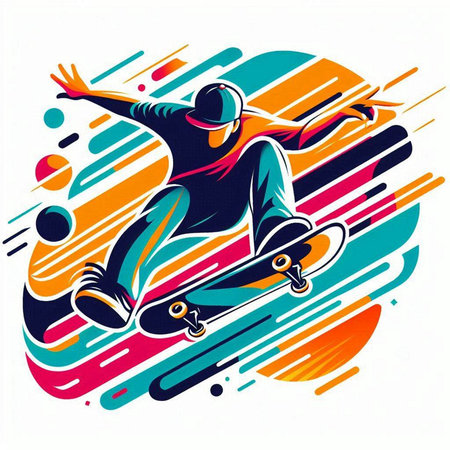 Vector illustration of a skateboarder jumping on a colorful background.のイラスト素材