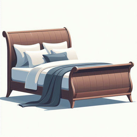 Comfortable bed with pillows and a blanket. Vector illustration.
