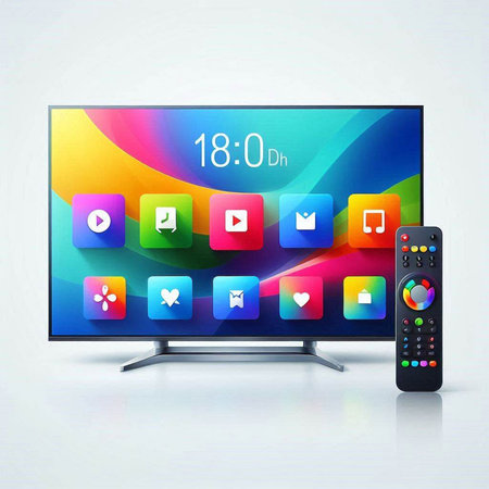TV screen with media player and tv remote control. Vector illustration.