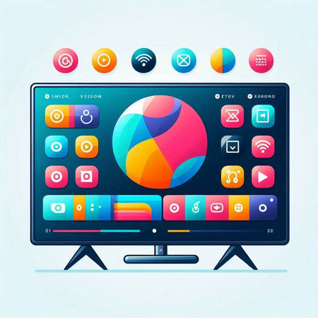 Vector illustration of a modern computer monitor with colorful application icons and buttonsのイラスト素材