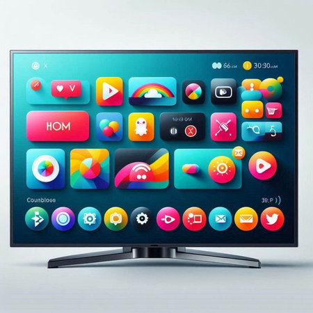 Modern LCD tv with colorful application icons on the screen. Vector illustration.のイラスト素材