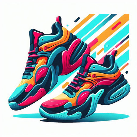 Illustration of a pair of sneakers on a colored background. Vector illustrationのイラスト素材