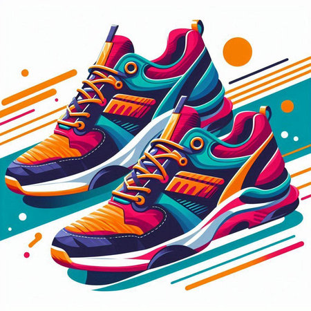 Vector illustration of colorful sneakers on abstract background. Sport and active lifestyle concept.のイラスト素材