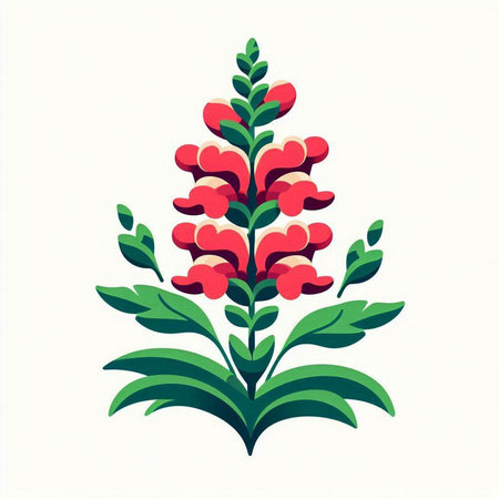 Illustration of a red flower with green leaves on a white backgroundのイラスト素材