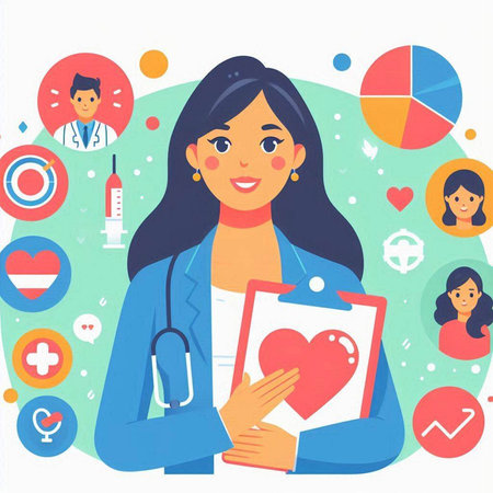 Female doctor with stethoscope holding clipboard and heart vector illustration.のイラスト素材