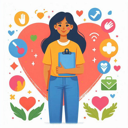 Vector illustration of a girl with a tablet in her hands on the background of the heart.のイラスト素材