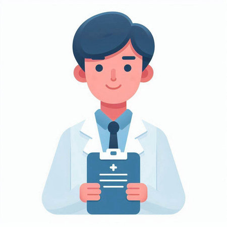 Male doctor in medical gown holding clipboard. Vector illustration in cartoon styleのイラスト素材