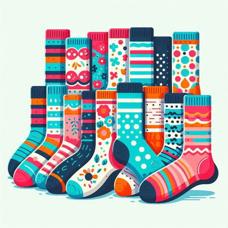 Vector illustration of colorful socks with different patterns on a light background.のイラスト素材