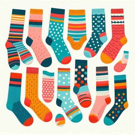 Set of colorful socks with different patterns isolated on white background. Vector illustration.