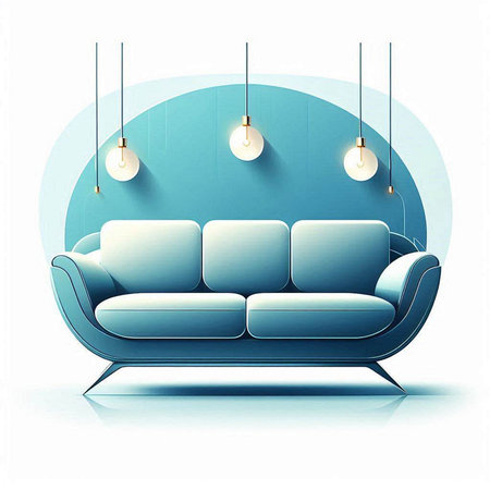 modern blue sofa with lamps on the wall, 3d render illustrationのイラスト素材